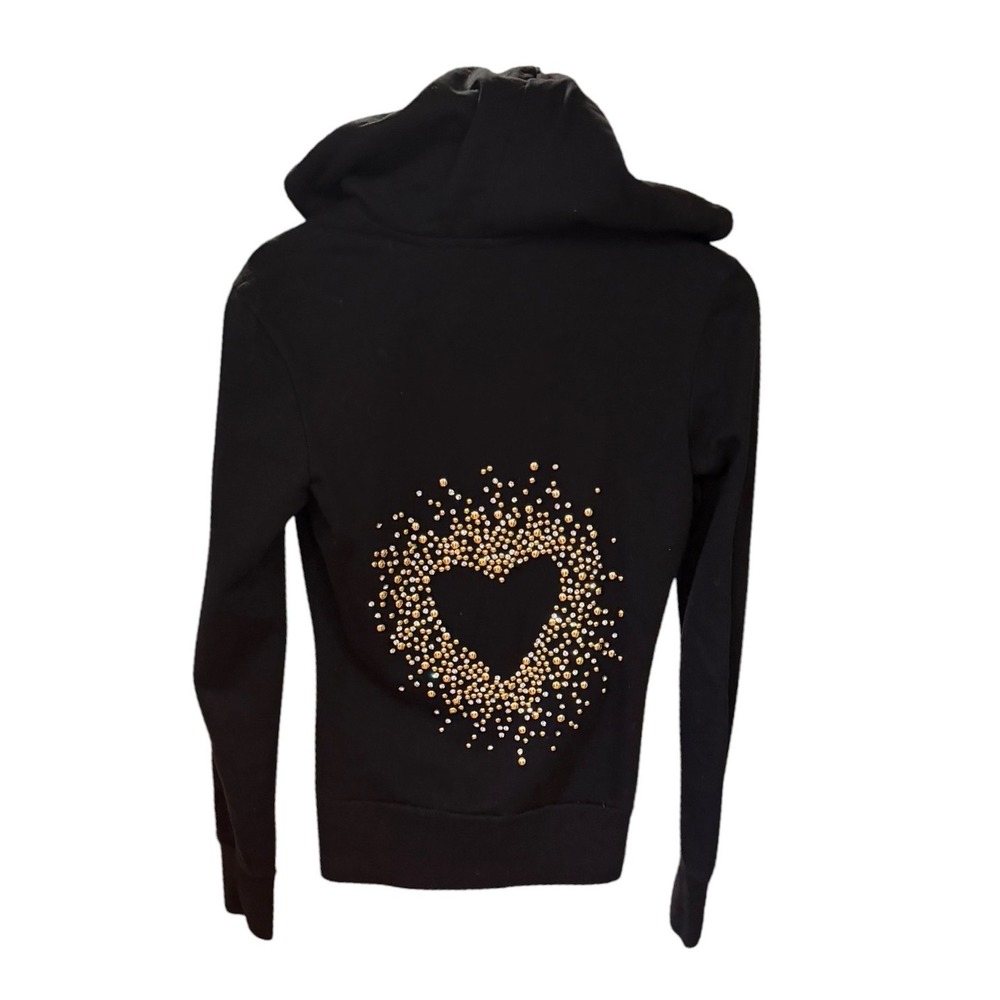 Twisted Heart Black Studded Heart Zip Up Hoodie‎ Y2K Rhinestone Zipper Pull M